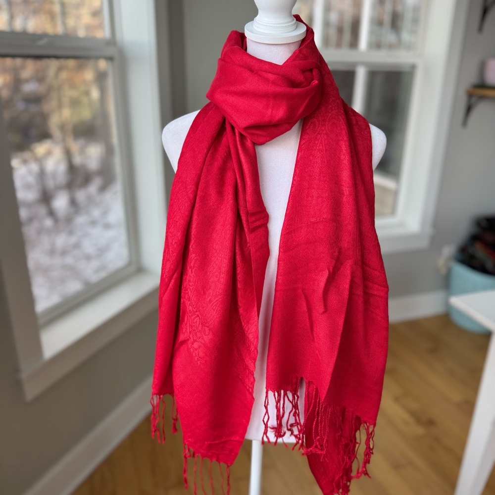 Cherry Red Pashmina Scarf Wrap Paisley Embossed